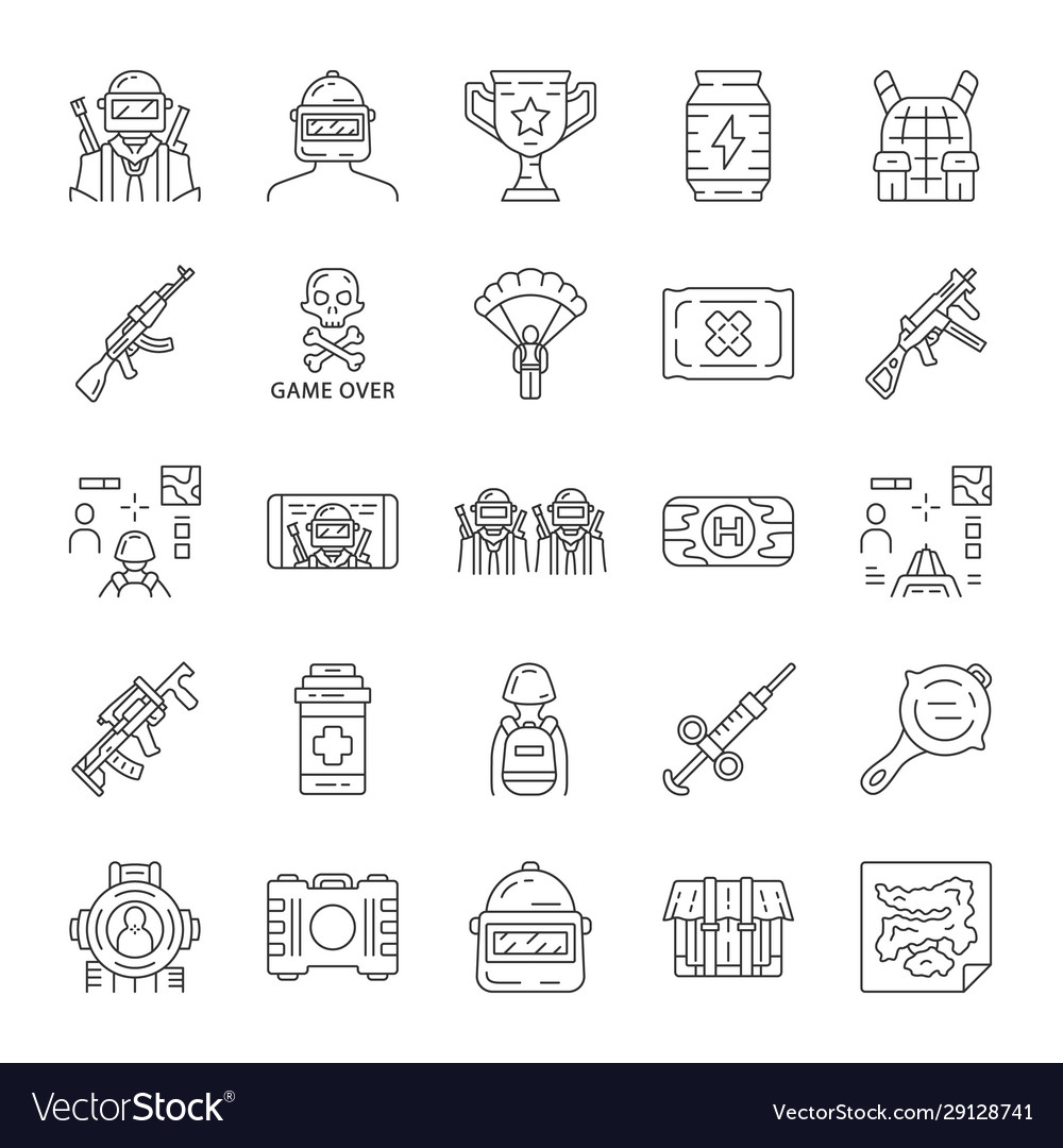 Online game inventory color icons set. Esports, cybersports. Battle royale.  Computer, video game equipment. Soldier,…