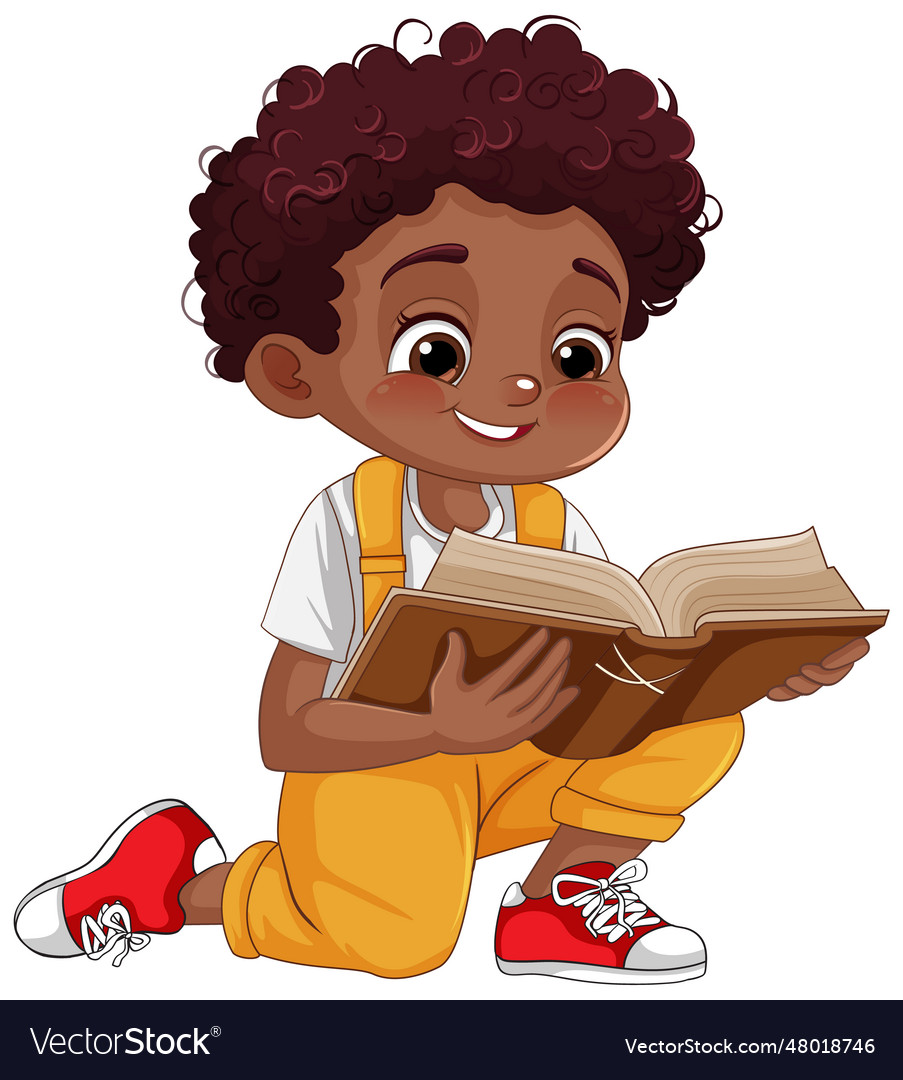 Boy with curly hair reading a book