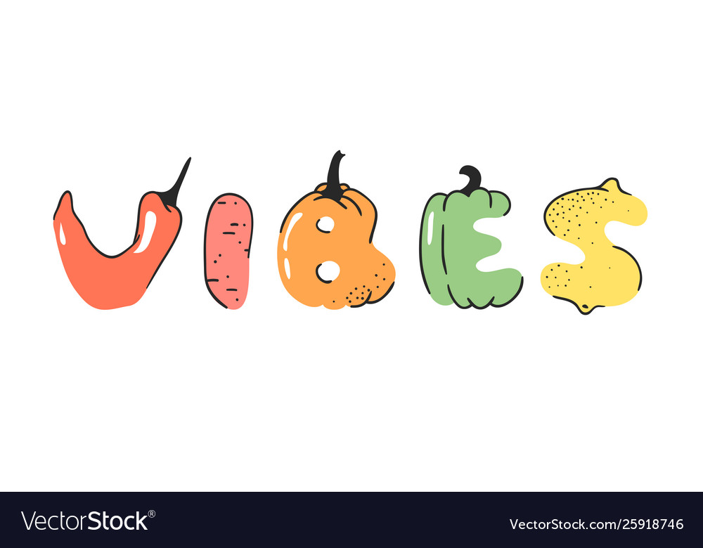 Cartoon vegetables and fruits word vibes hand