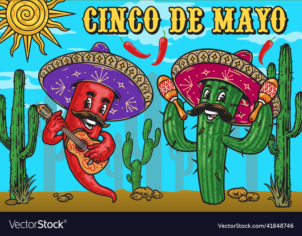 Colorful banner with cartoon mexican characters Vector Image