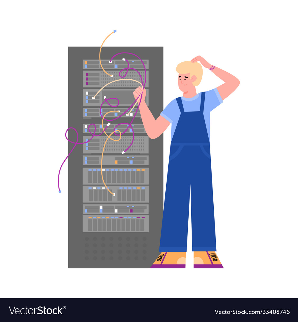 Data server engineer restores wires connection vector image Data server engineer restores wires connection