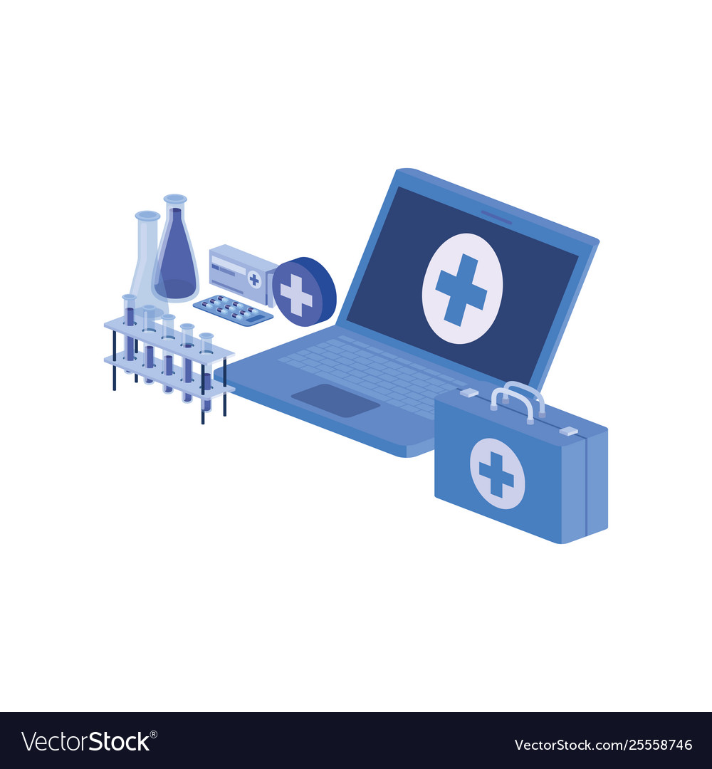 Laptop and laboratory instruments isolated icon