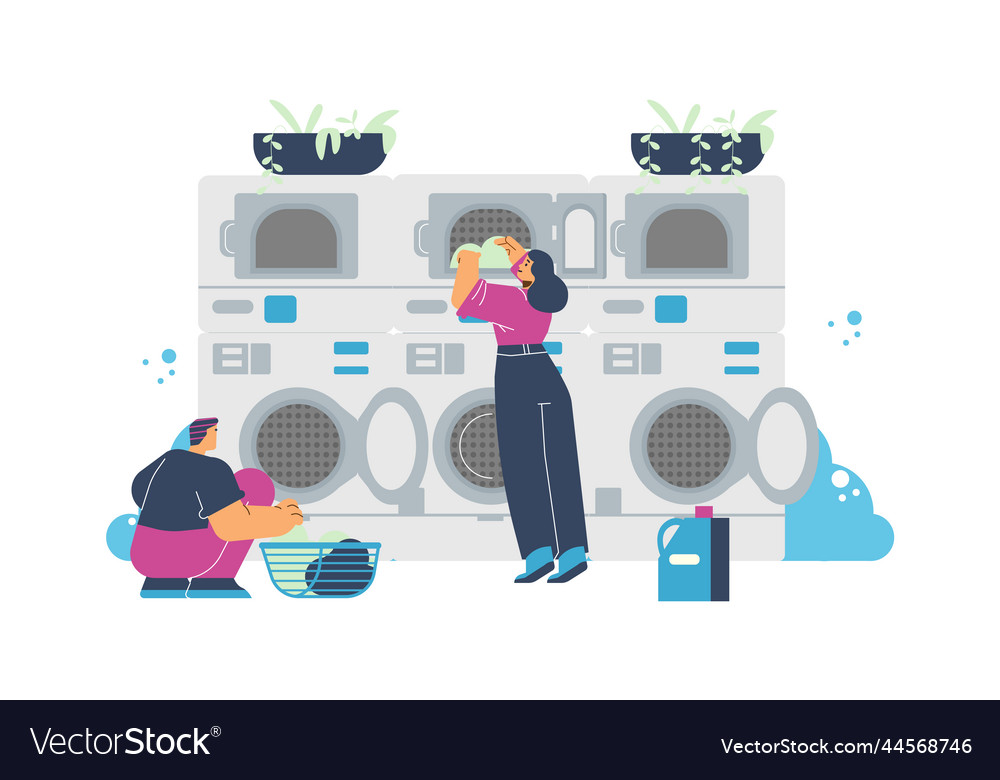 Man and woman in self service laundry room flat