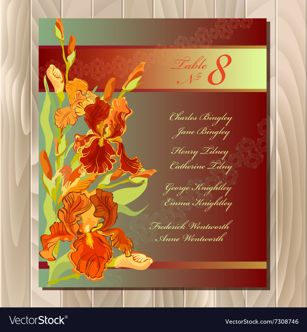 Table guest list background with red iris flowers