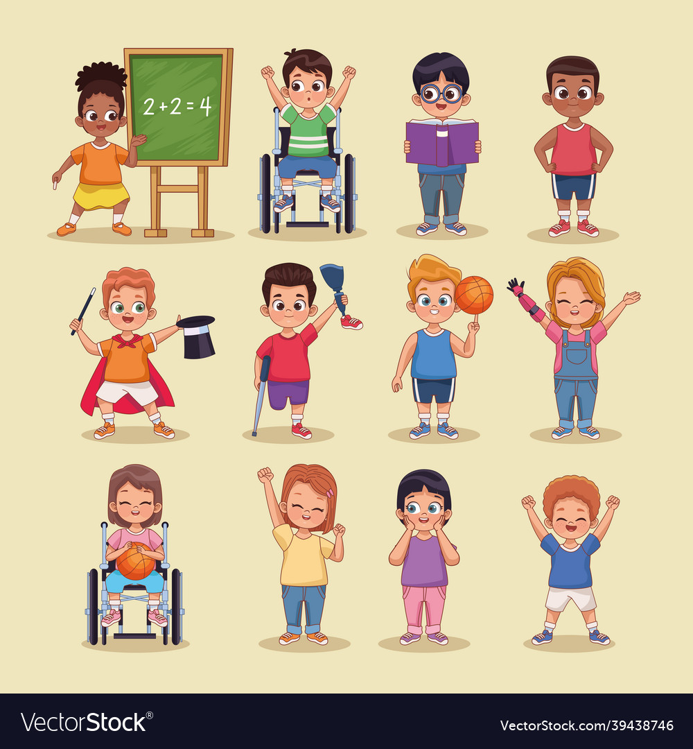 Twelve disability kids characters Royalty Free Vector Image