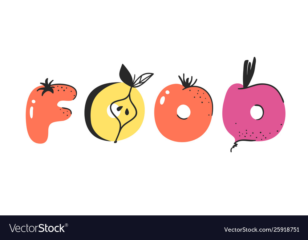 Cartoon vegetables and fruits word food hand