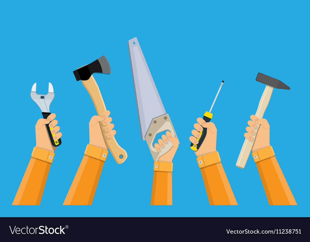 Hands of workers holding building tools Royalty Free Vector