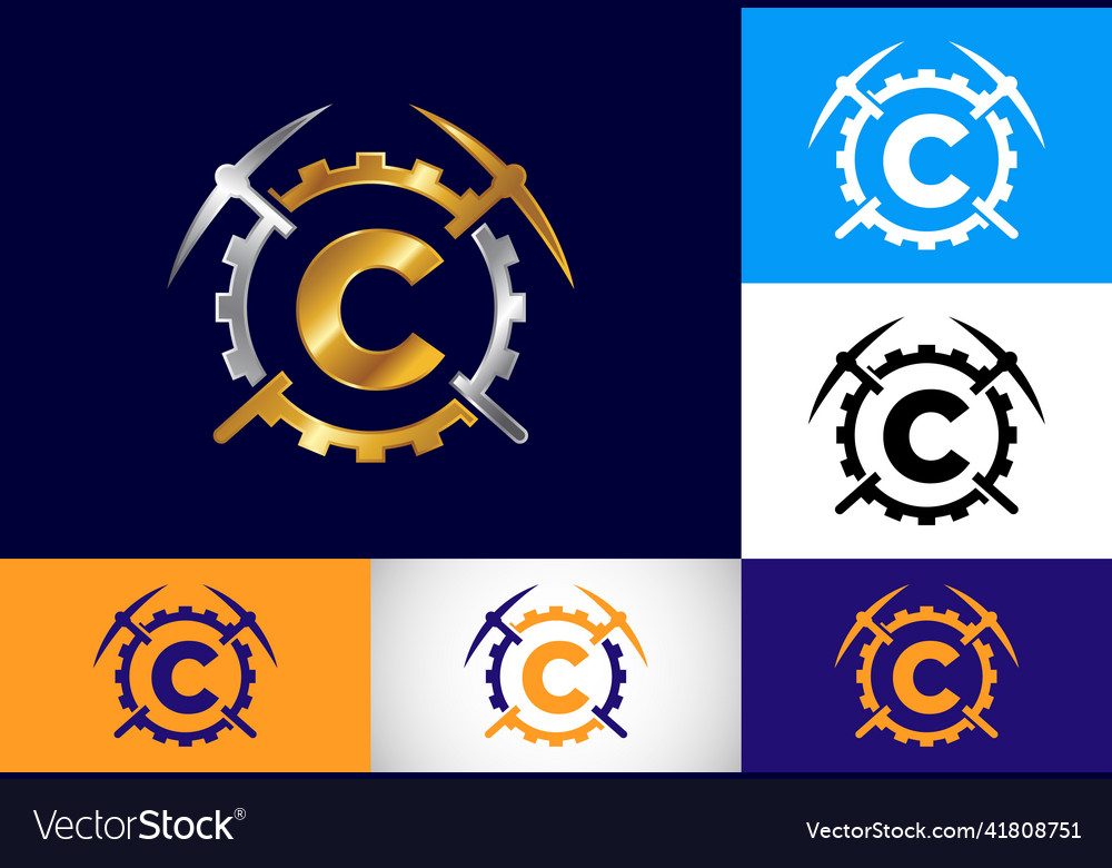 Initial c monogram letter alphabet with pickaxe
