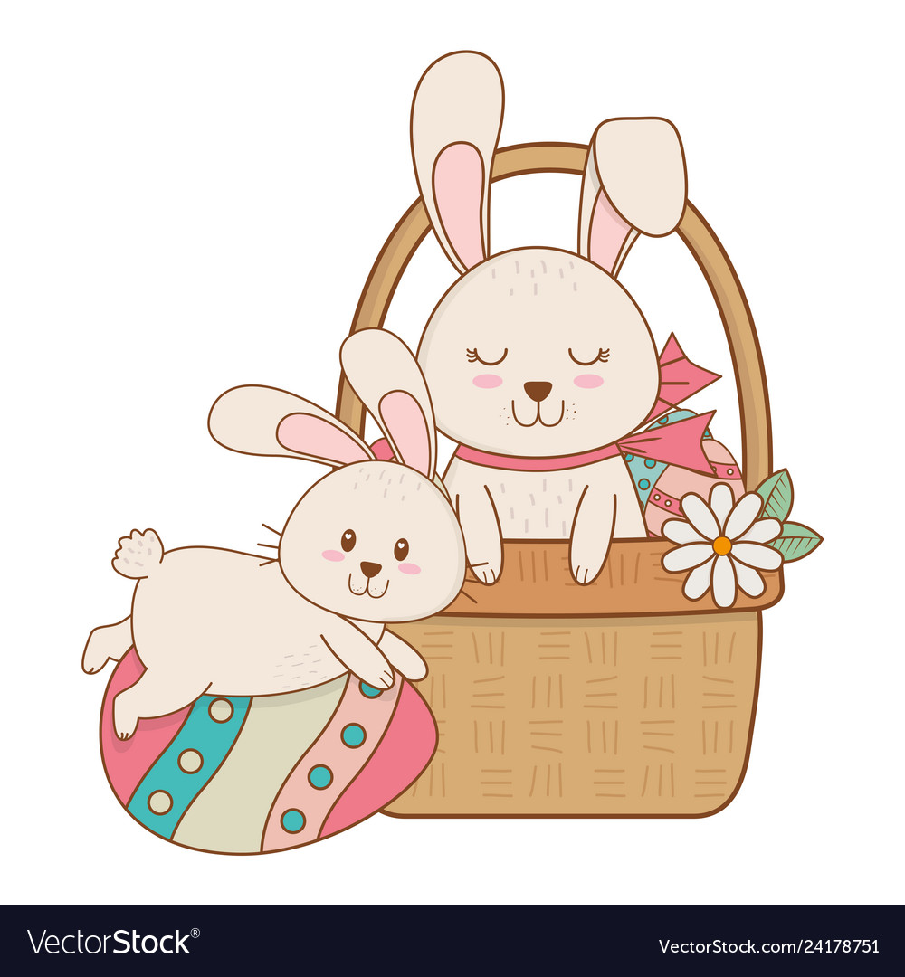 Kleine Kaninchen mit Ei lackiert im Korb Ostern Vector Image Kleine Kaninchen mit Ei lackiert im Korb Ostern