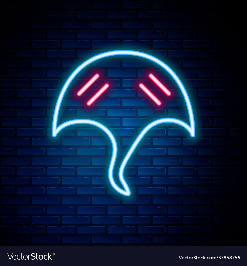 Glowing neon line stingray icon isolated on brick