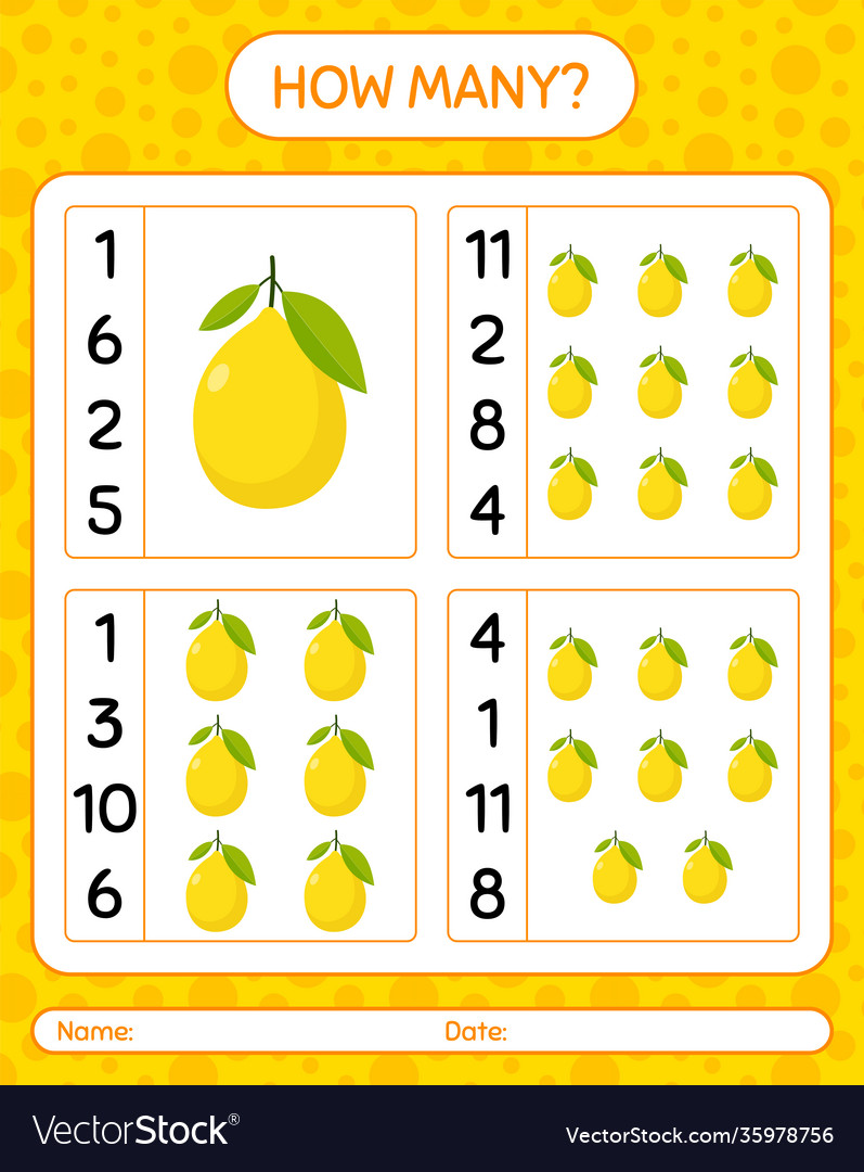 How many counting game with lemon worksheet vector image How many counting game with lemon worksheet