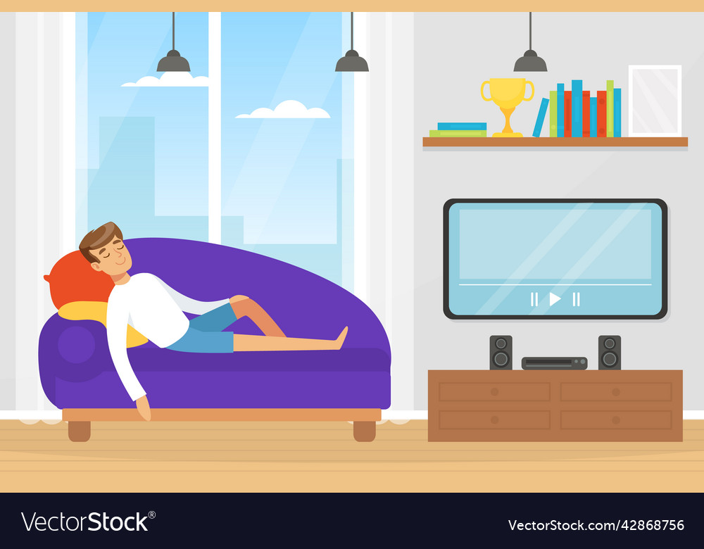 Man character sleeping lying on sofa in front vector image Man character sleeping lying on sofa in front