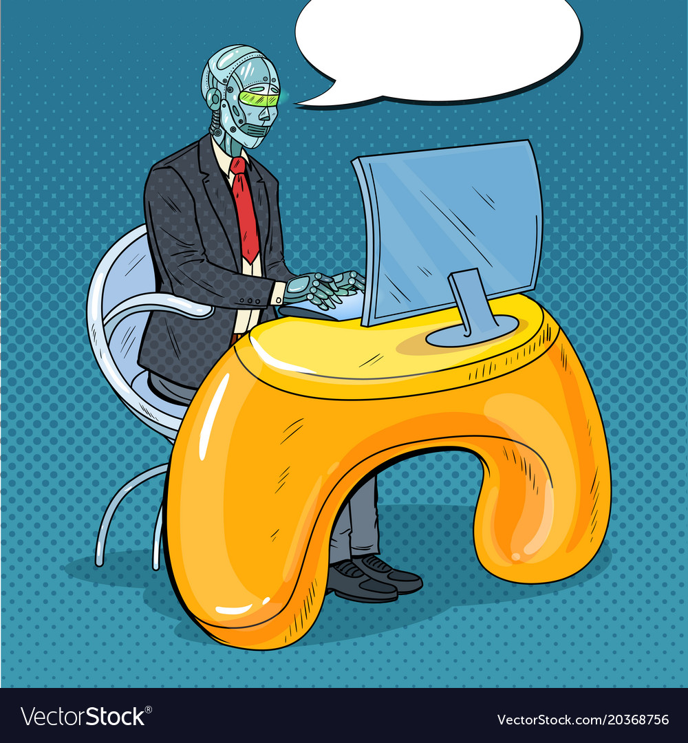 Pop art robotic man working with computer