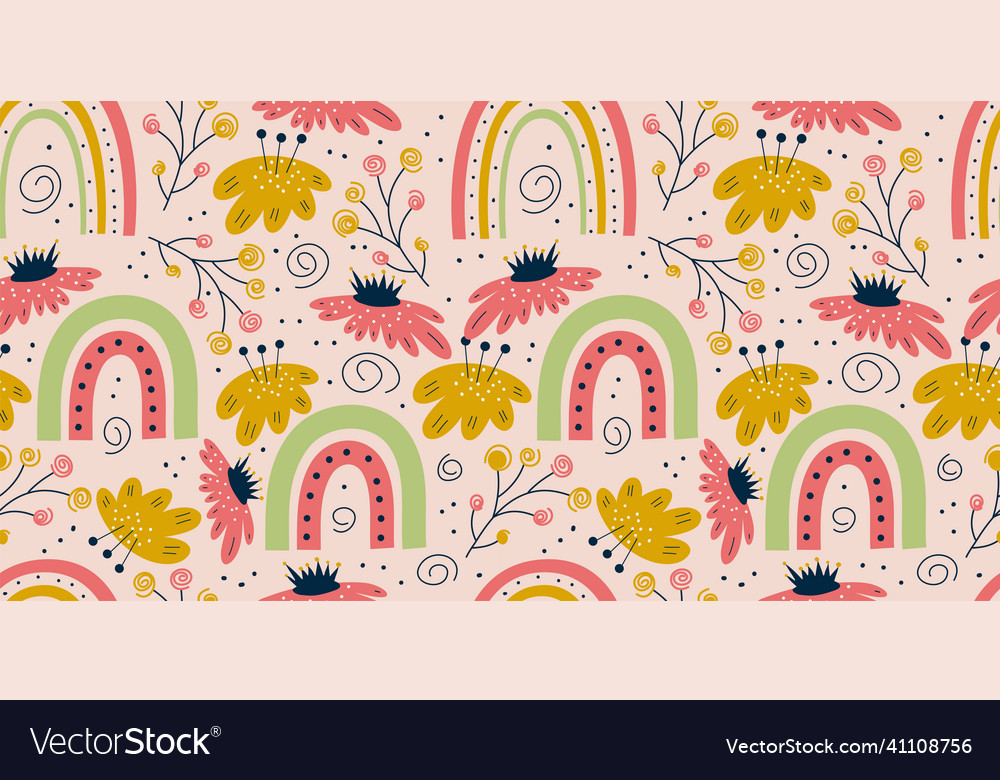 Scandinavian spring seamless pattern with rainbows