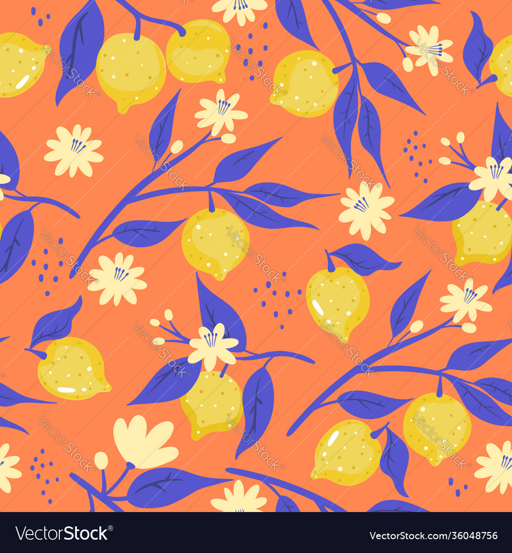 Seamless pattern with lemons on an orange vector image Seamless pattern with lemons on an orange