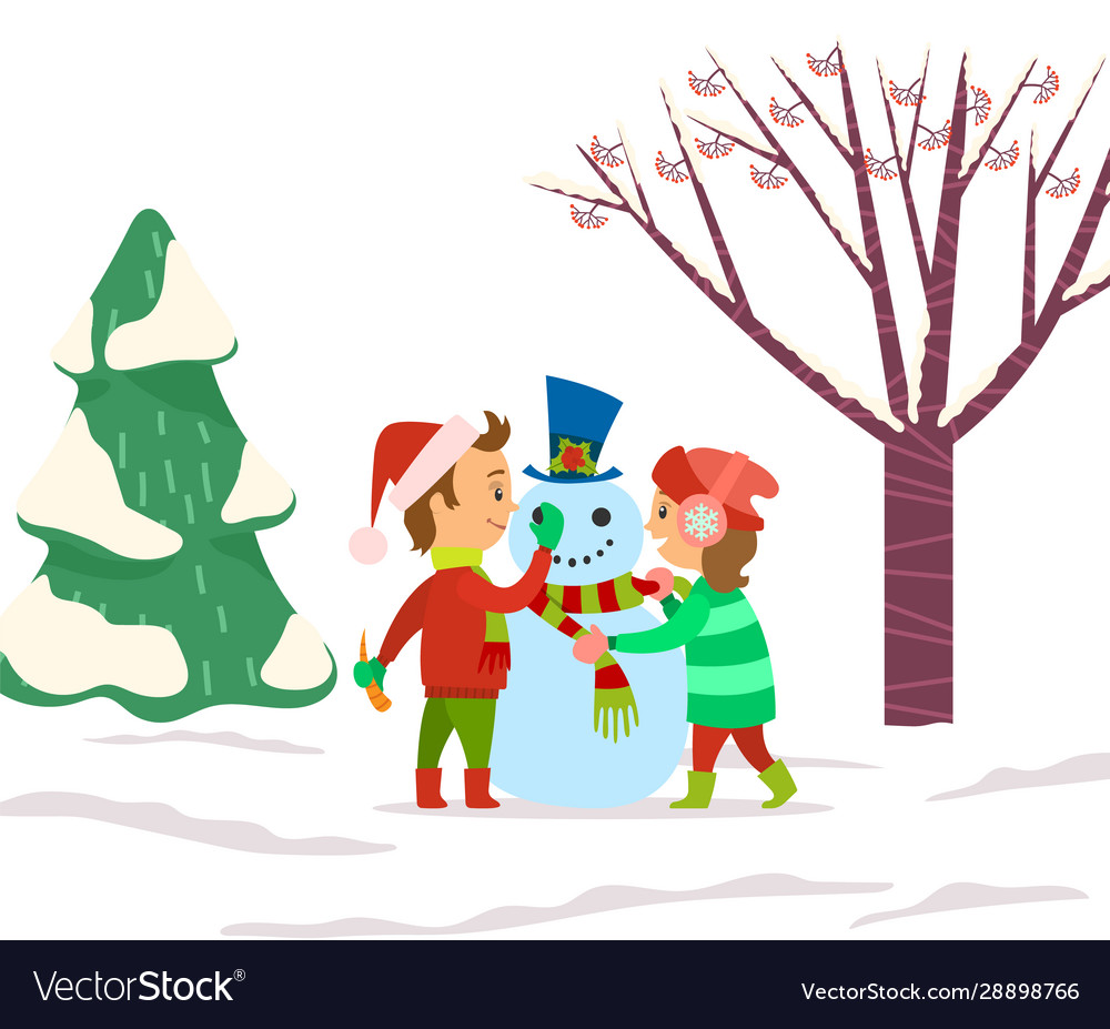 Children playing outdoors sculpting snowman Vector Image