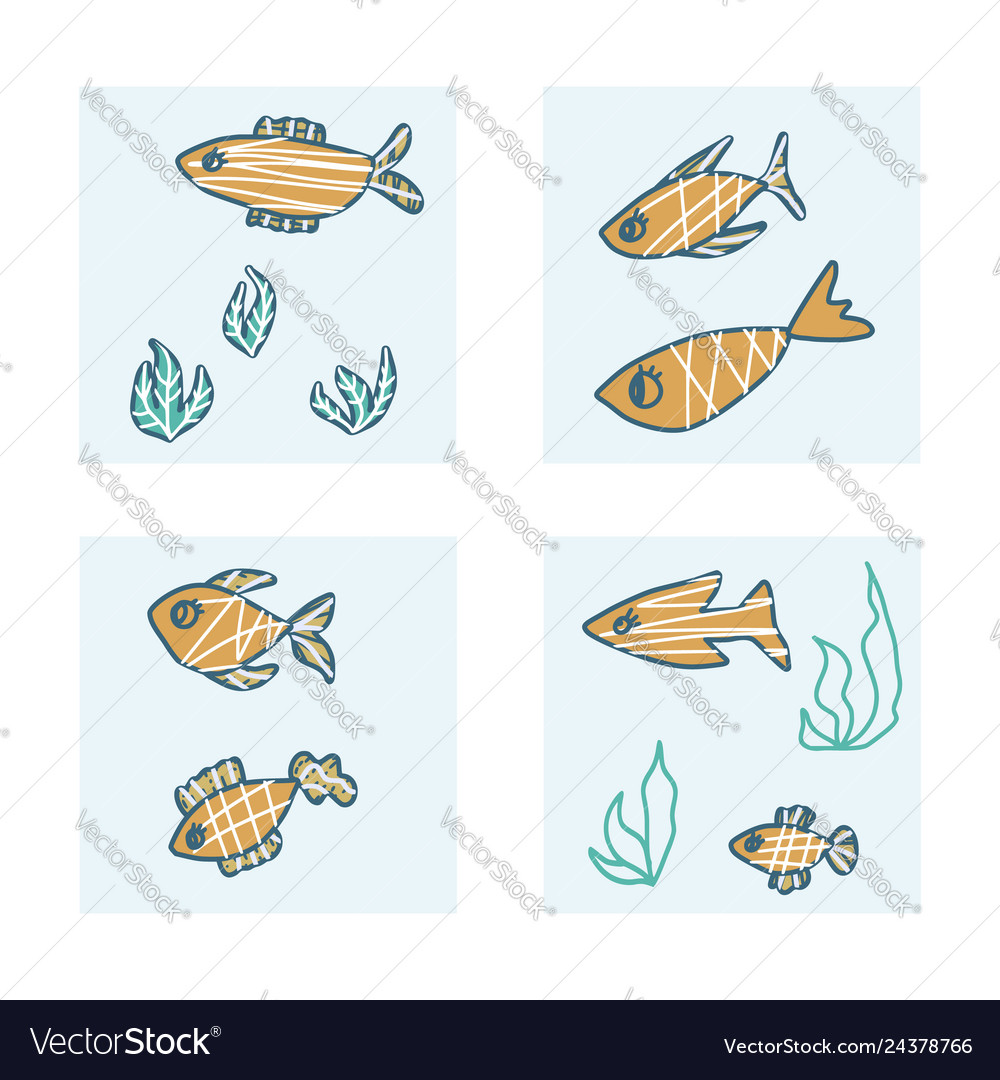 Fish collection isolated in doodle style