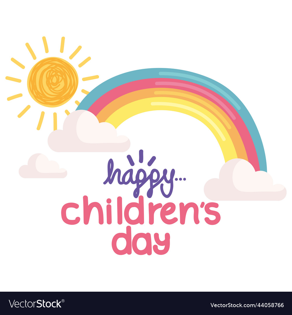 Happy children day lettering and rainbow