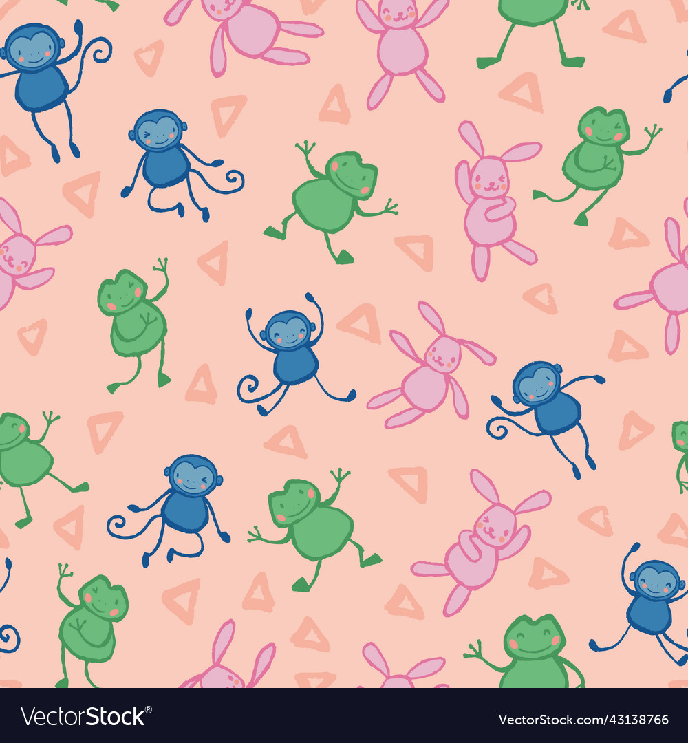 Monkey frog bunny rabbit triangle seamless pattern vector image Monkey frog bunny rabbit triangle seamless pattern