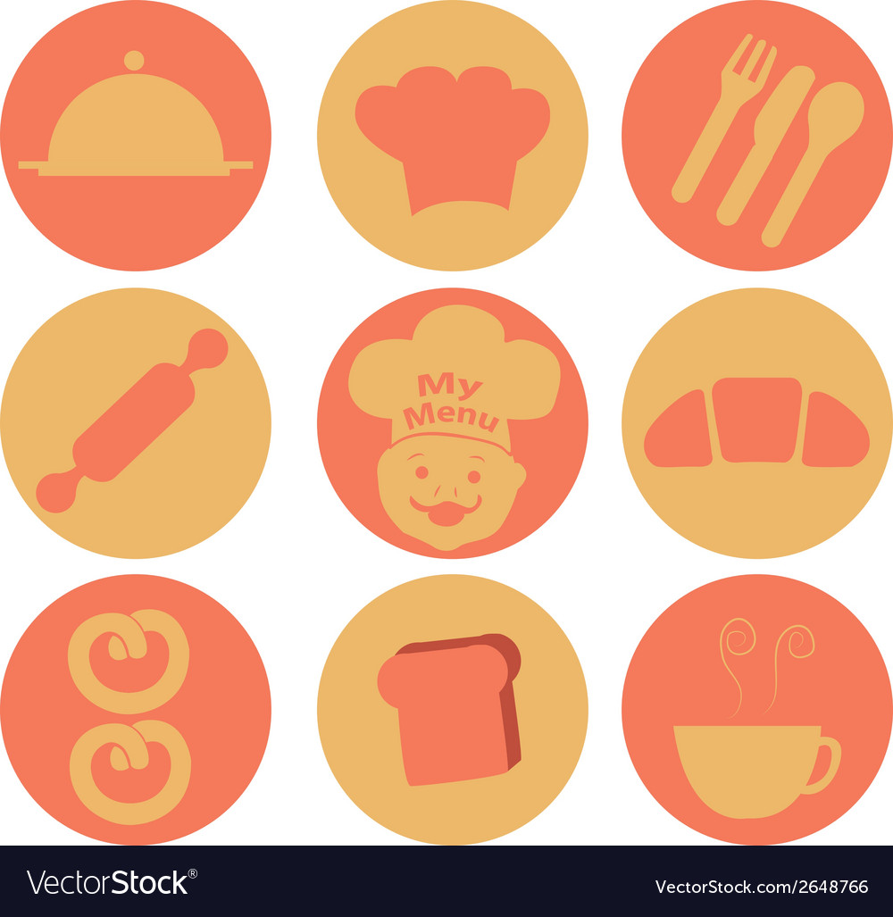 Nine yellow and orange bakery icons within circles