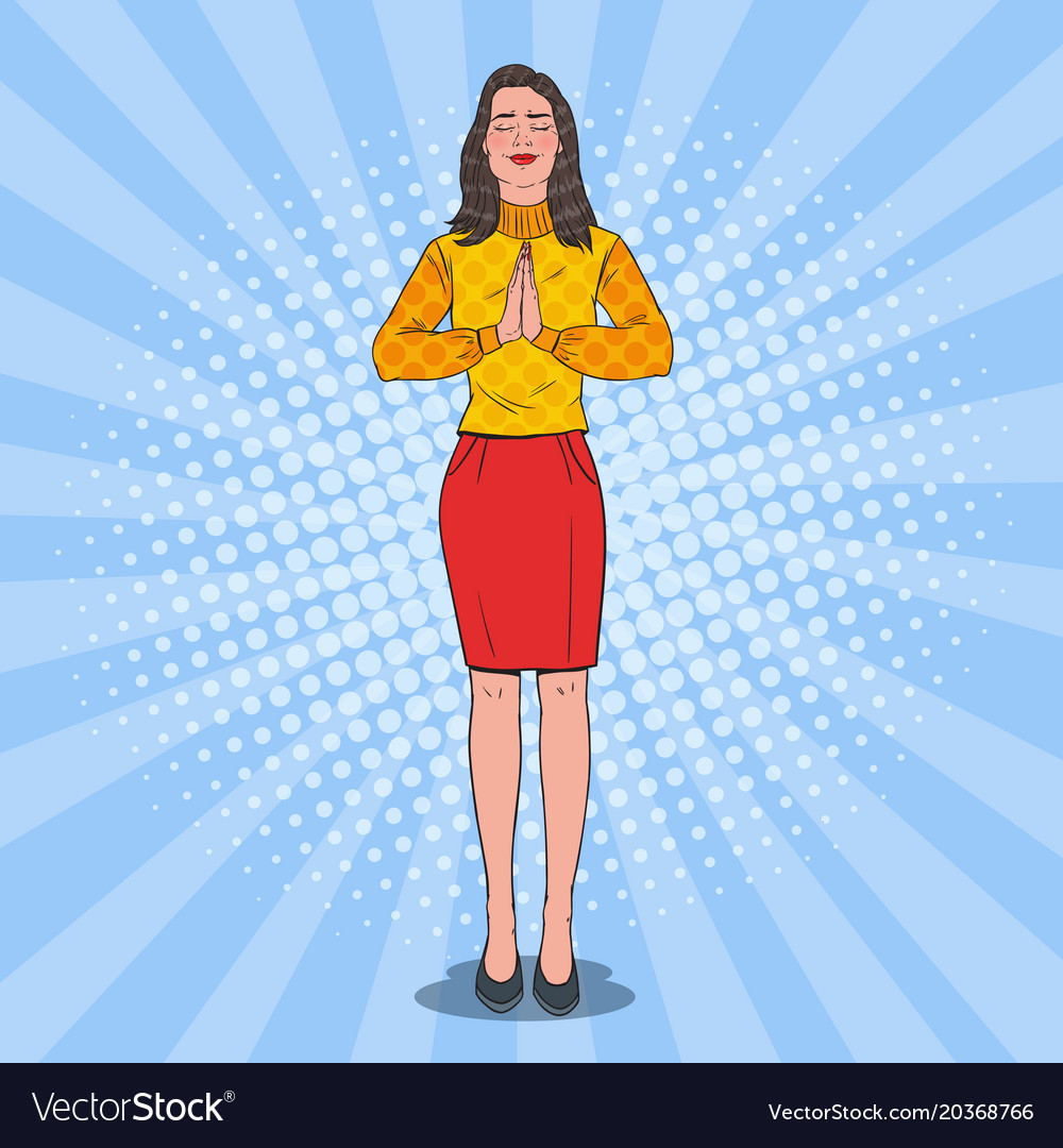 Pop art joyful woman praying happy female prayer