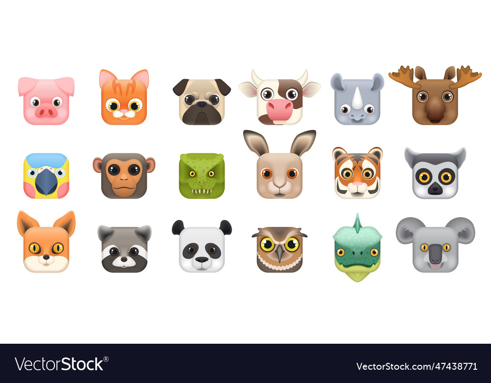 Cute forest and farm animal faces set icons Vector Image