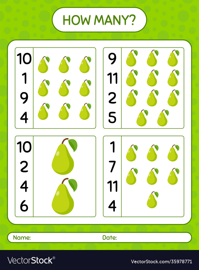 How many counting game with pear worksheet vector image How many counting game with pear worksheet
