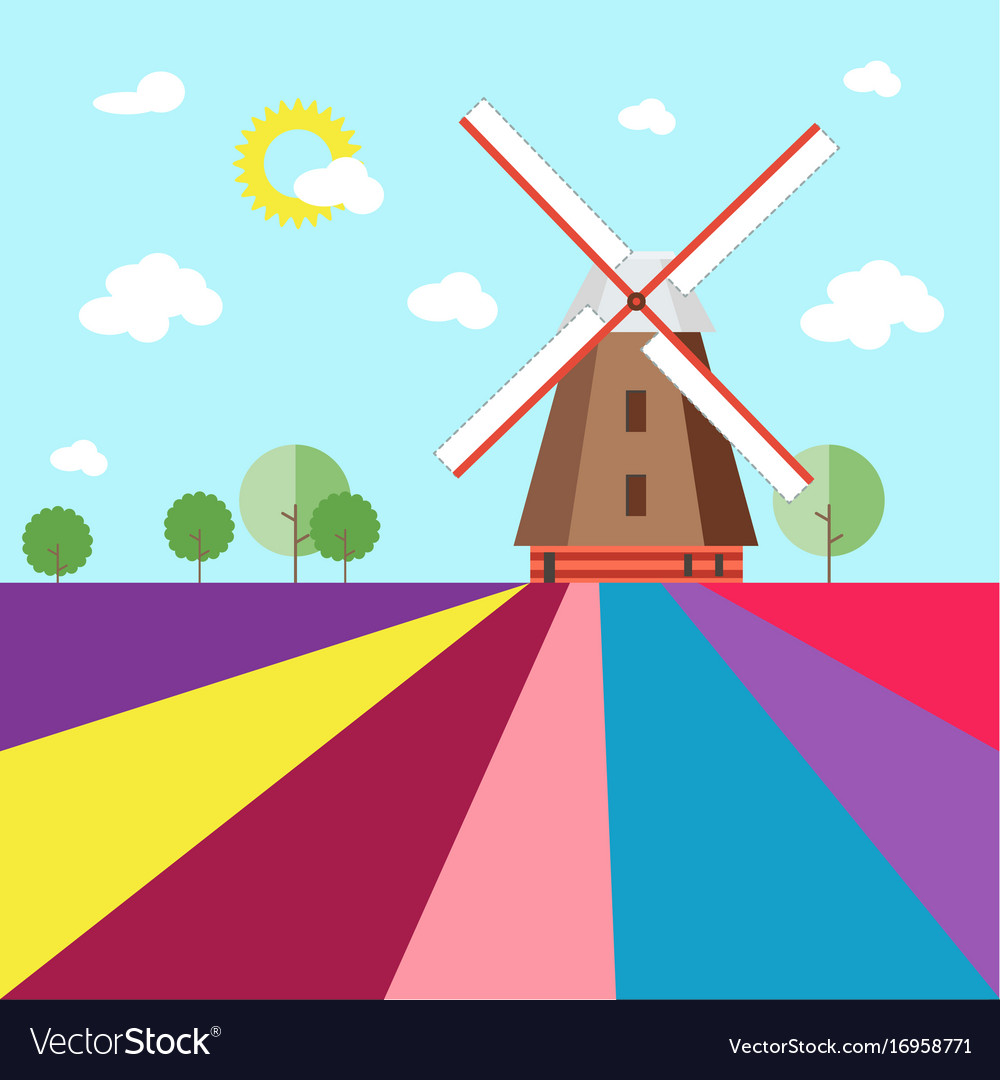 Mill in abstract lavender fields with trees