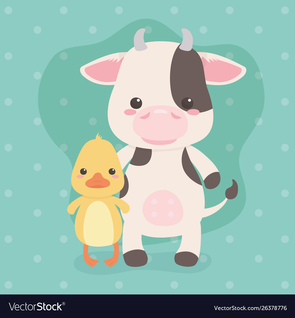 Cute and little cow and duck characters Royalty Free Vector