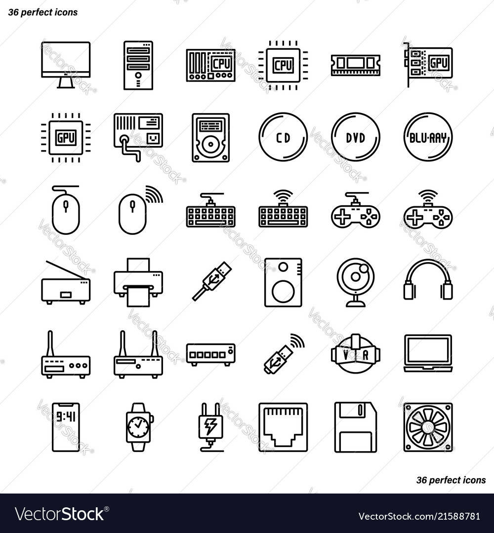 Computer outline icons perfect pixel Royalty Free Vector