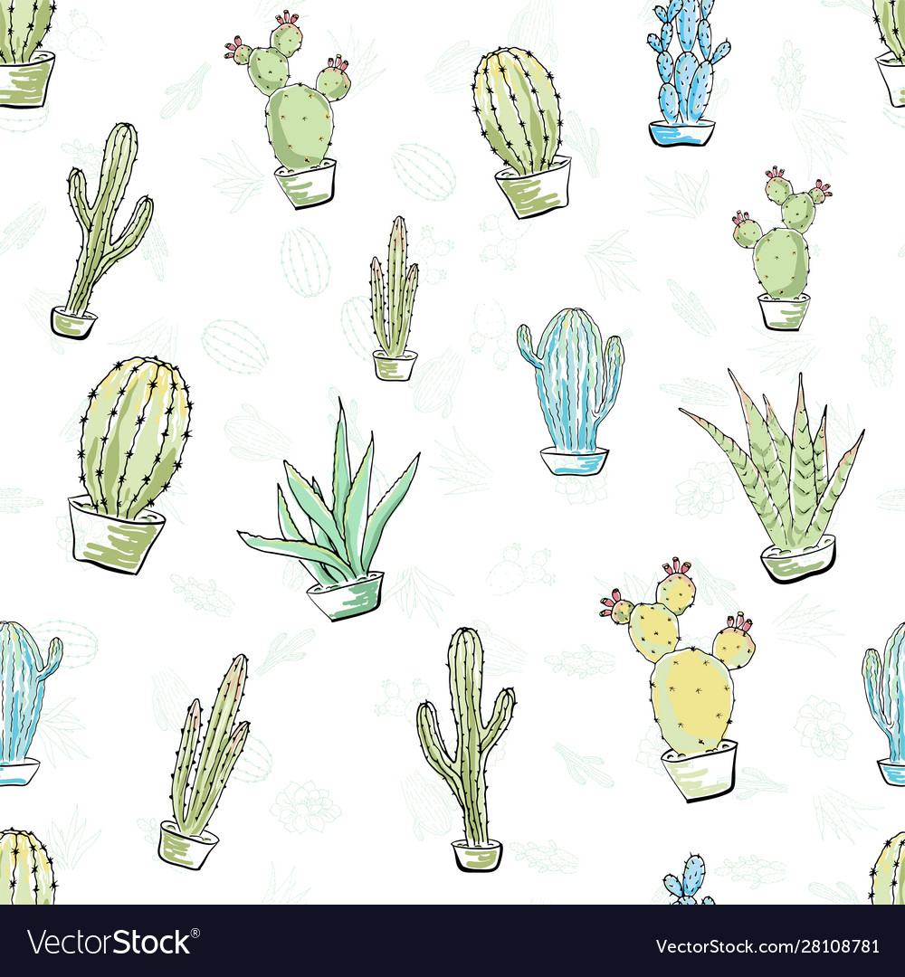 Seamless pattern with cacti multicolored hand vector image Seamless pattern with cacti multicolored hand