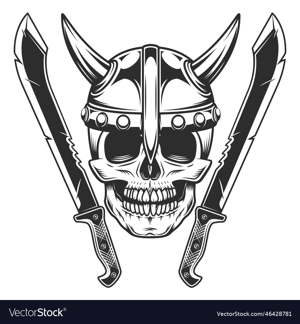 Viking skull in horned helmet and machete sword Vector Image