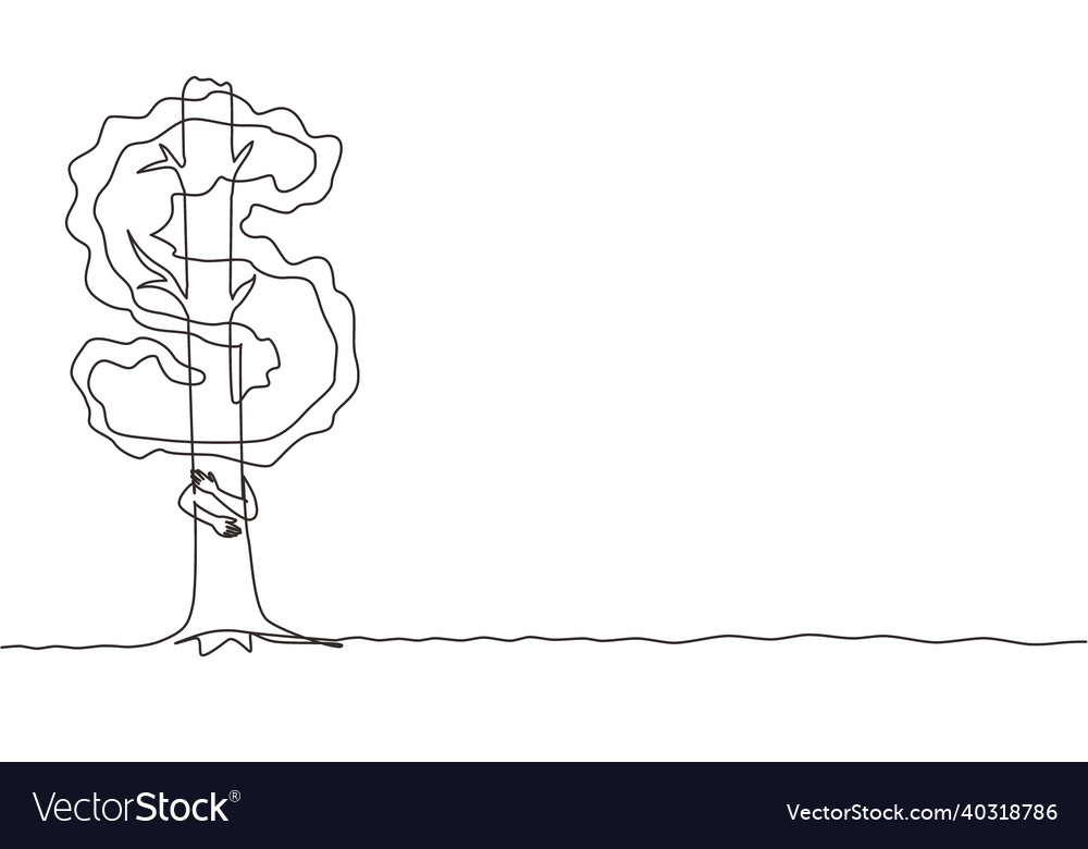 Continuous one line drawing tree shaped in dollar vector image Continuous one line drawing tree shaped in dollar