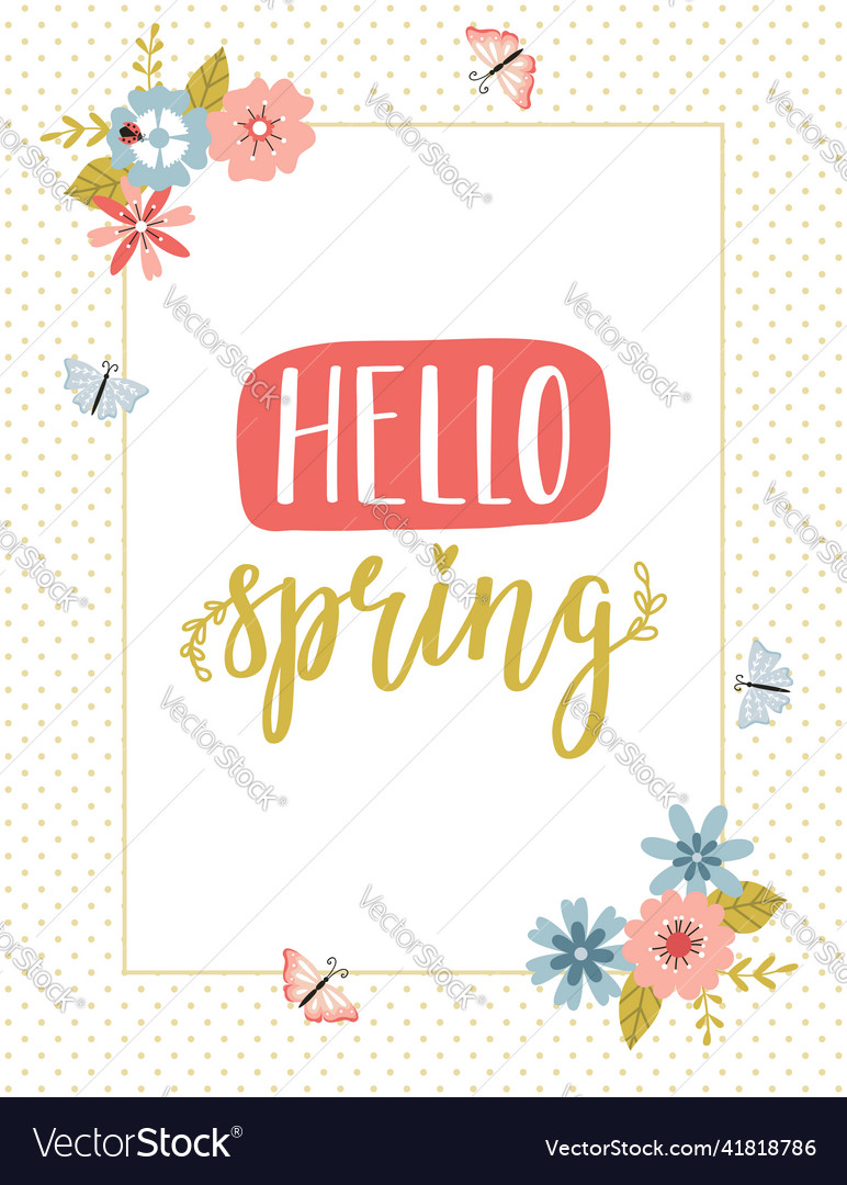 Hello spring card with flowers and butterflies