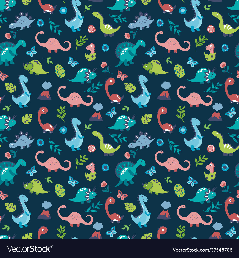 Seamless pattern with cute hand drawn dinosaurs Vector Image