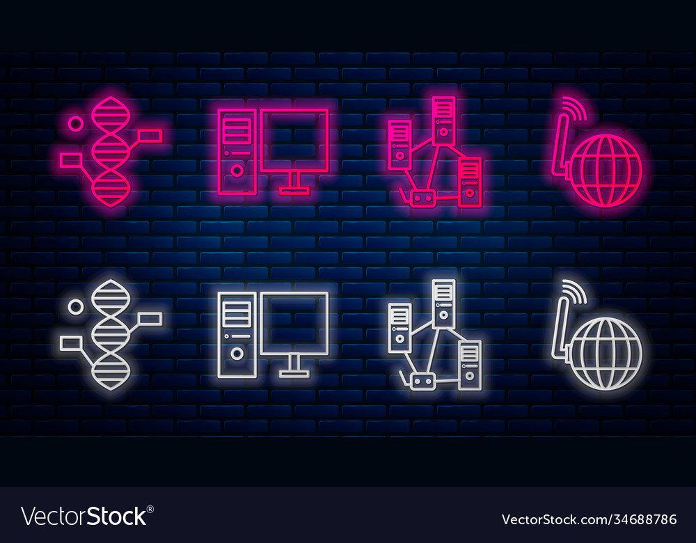 Set line computer monitor network dna vector image Set line computer monitor network dna