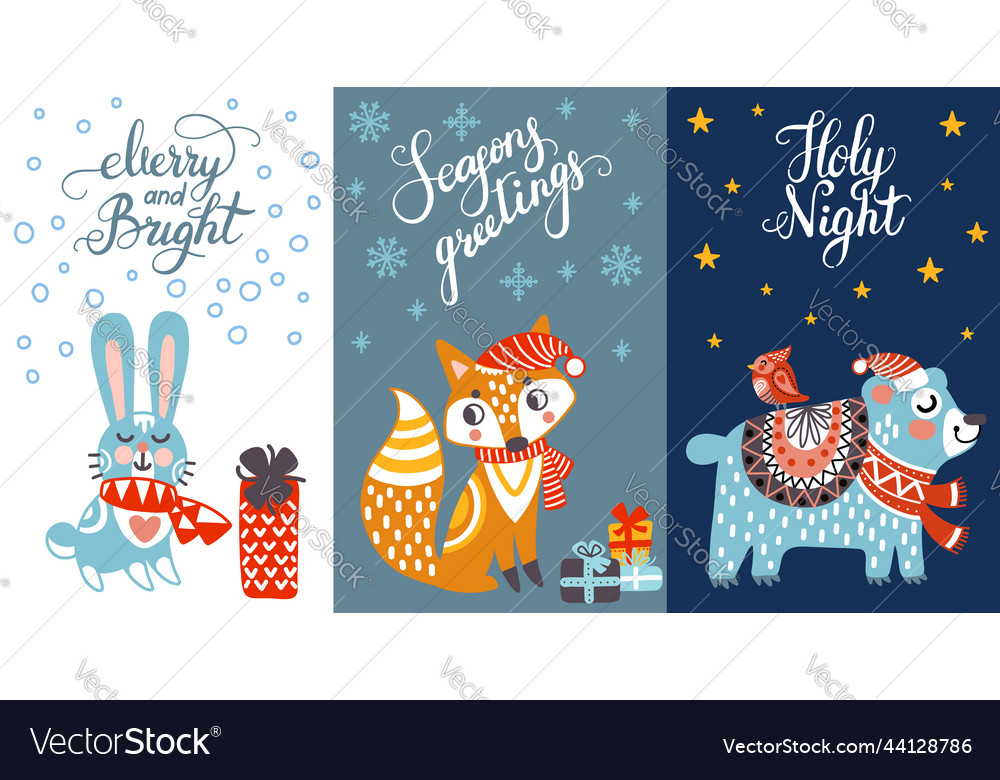 Set of vertical christmas cards with cute animals