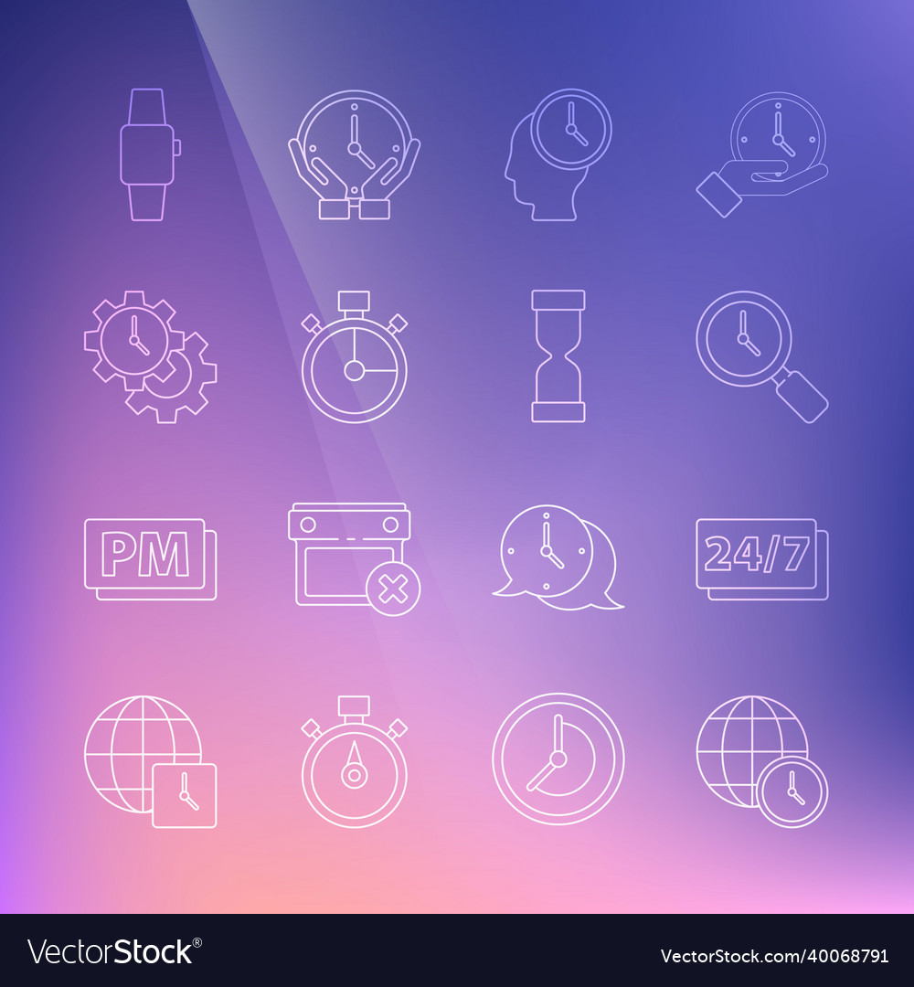 Set line world time clock 24 hours magnifying vector image Set line world time clock 24 hours magnifying