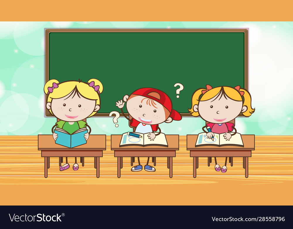 Scene with students learning in classroom Vector Image