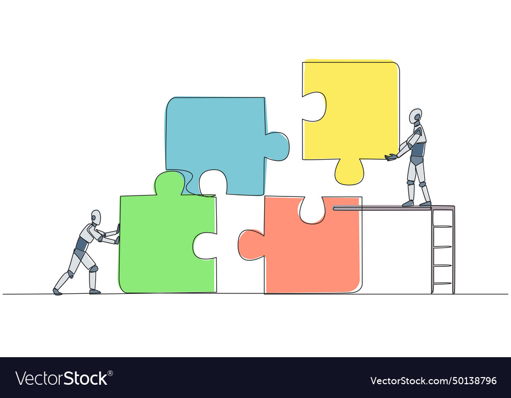 Single continuous line drawing two robots vector image Single continuous line drawing two robots