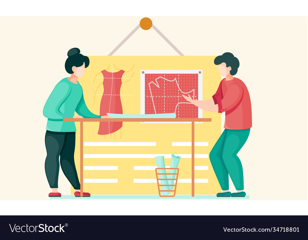 Designers working with dresses patterns vector image Designers working with dresses patterns