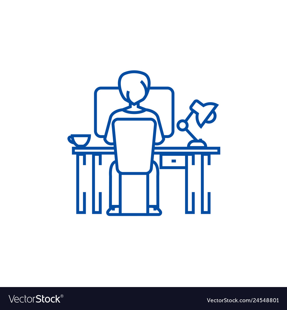 Man working on computer table sitting line vector image Man working on computer table sitting line