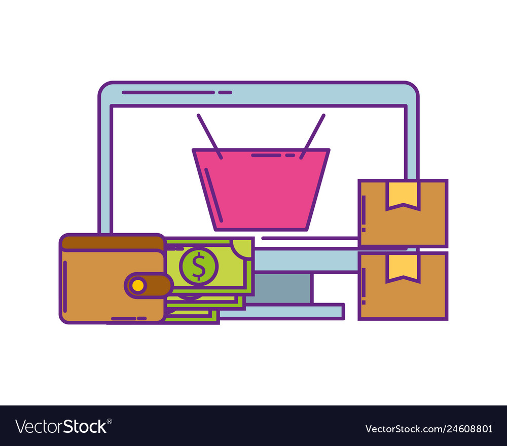 Monitor computer with wallet money and icons