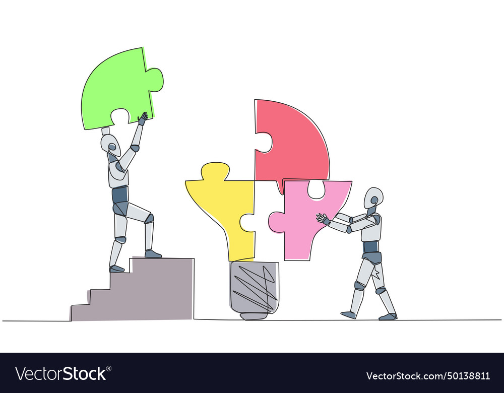Continuous one line drawing two robots put vector image Continuous one line drawing two robots put