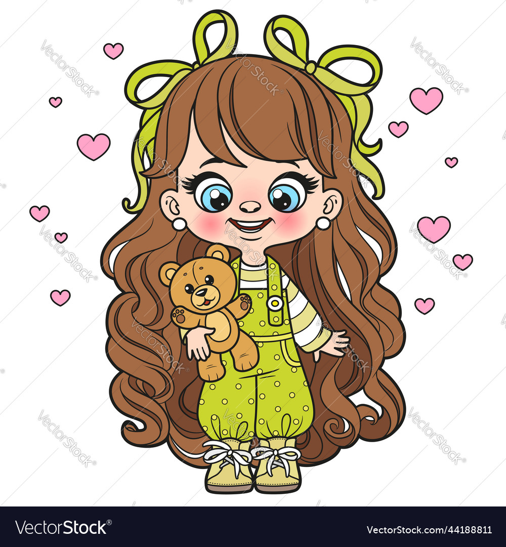 Cute Cartoon Long Haired Girl With Soft Toy Teddy Vector Image