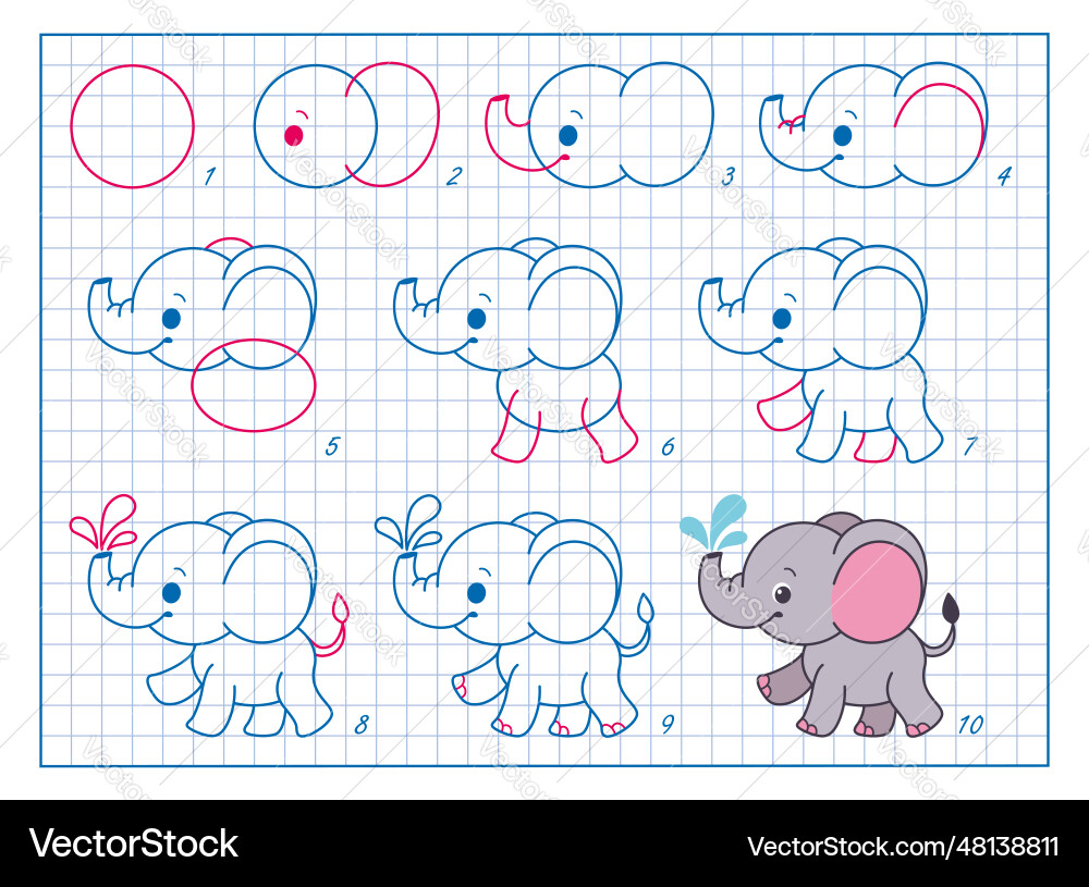 How to draw elephant step by step lesson for kids Vector Image