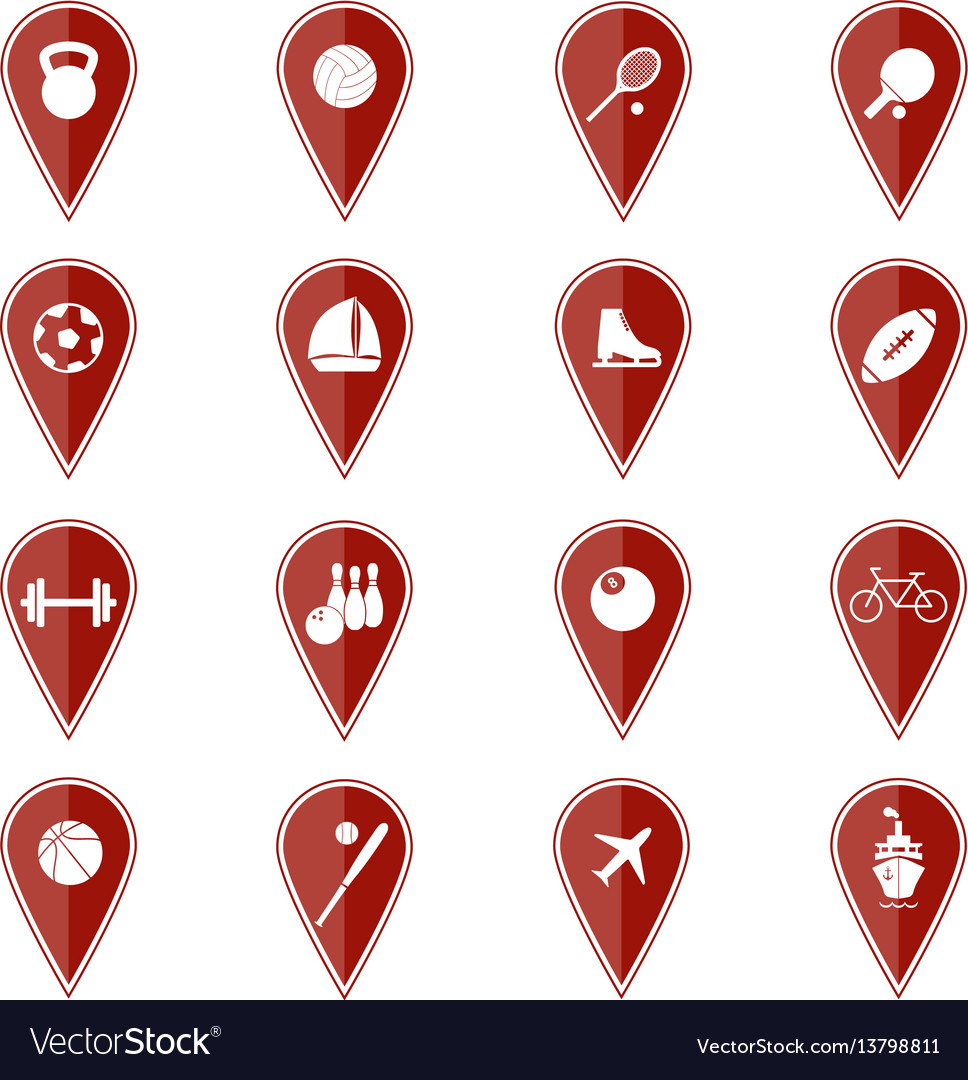 Set of red map pointers with sport icons vector image Set of red map pointers with sport icons