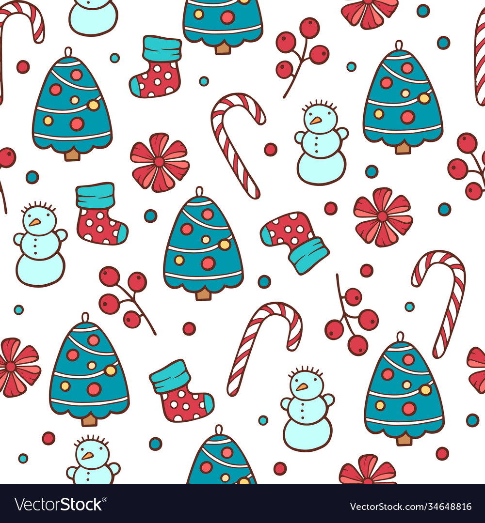 Christmas seamless pattern with snowman fir trees