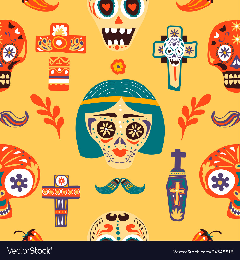 Dia De Los Muertos Skulls And Crosses Seamless Vector Image