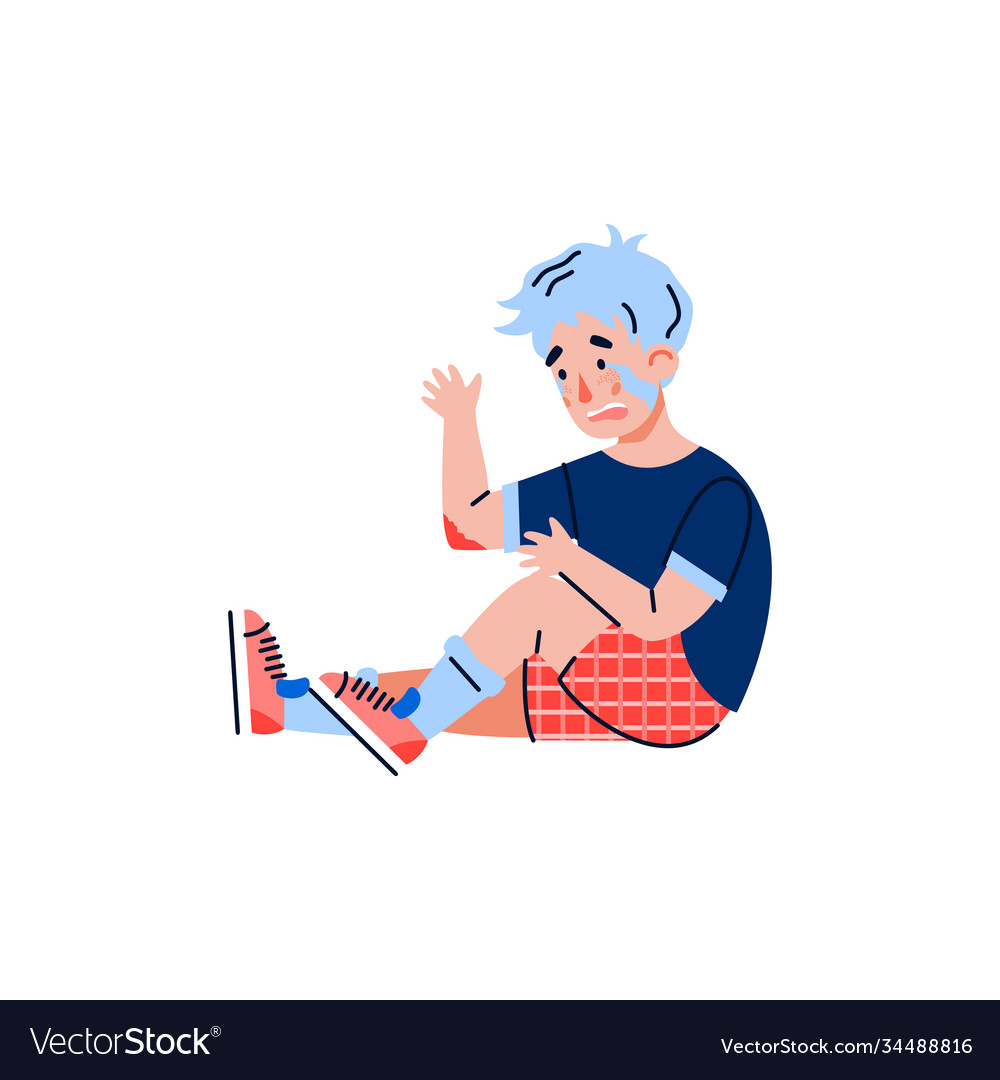 Little boy fell and got injury flat cartoon